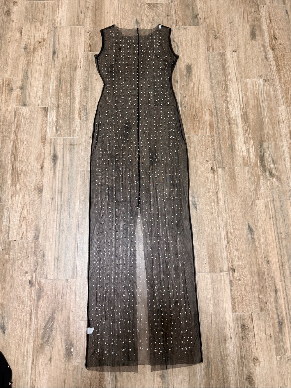 Black mesh maxi cover up dress with white pearls and size medium